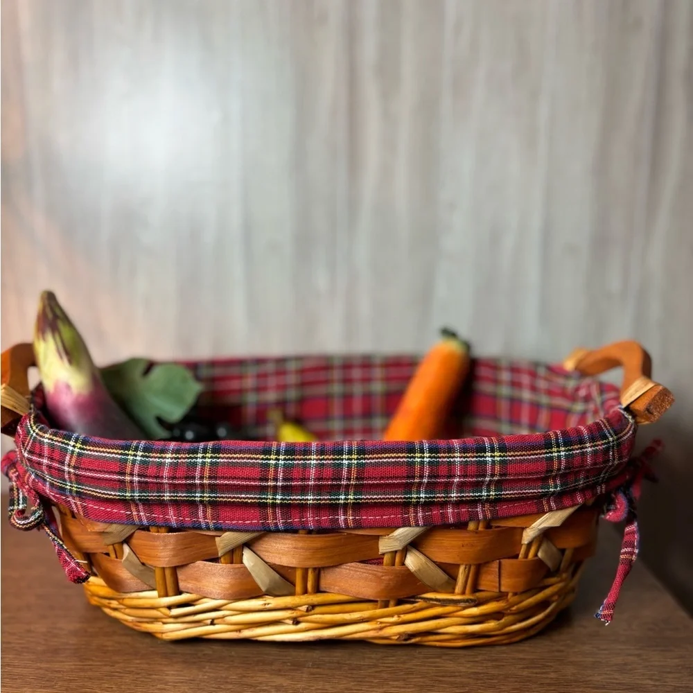 Decorative Folk Art Faux Fruit Vegetable Basket Plaid Liner Glazed Paper Mache